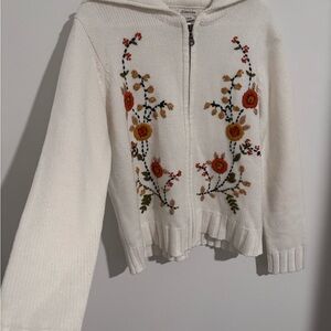 St. John's Bay White Zip-Up Cardigan with Floral Embroidery